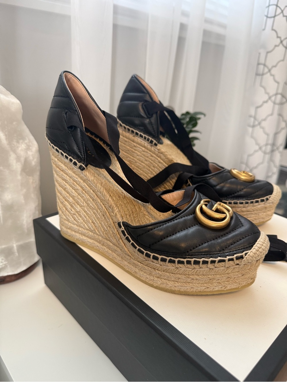 Gucci Black Leather Espadrille Wedge Sandals with Gold Double G - Picture 2 of 9